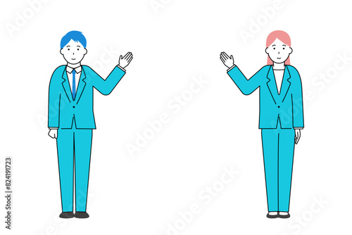 手を指し伸ばすビジネスマンとビジネスウーマンのイラスト