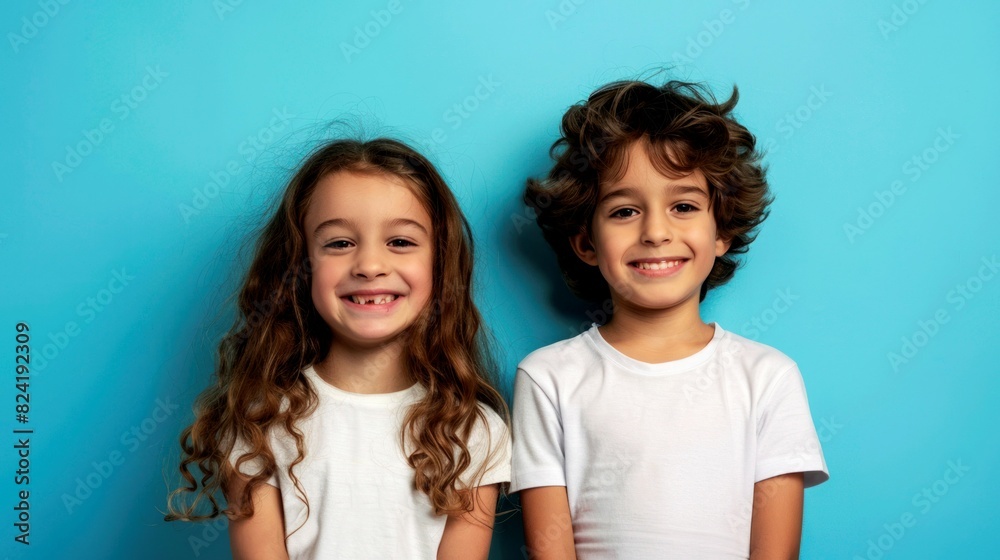portrait of children in front of clean blue background portrait of children in front of clean blue background