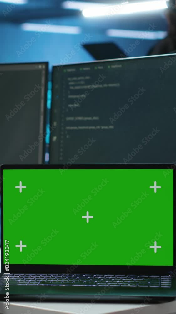 Vertical video Isolated screen laptop next to programmer coding in server farm, ensuring valuable data remains shielded from threats. Worker safeguarding hardware against unauthorized access with Vertical video Isolated screen laptop next to programmer coding in server farm, ensuring valuable data remains shielded from threats. Worker safeguarding hardware against unauthorized access with