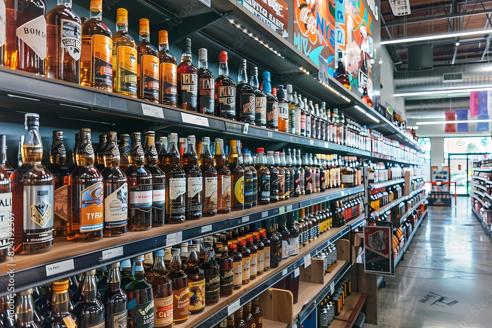 shelves filled to the brim with various bottles and cans of alcohol