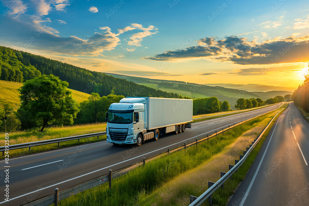 Truck delivery, a van rushing by a country road Truck delivery, a van rushing by a country road