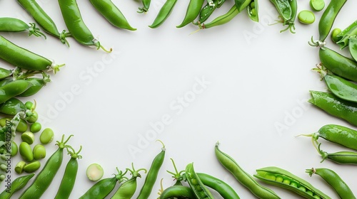 A frame of legumes like green beans, snow peas, and sugar snap peas arranged neatly on a white background.