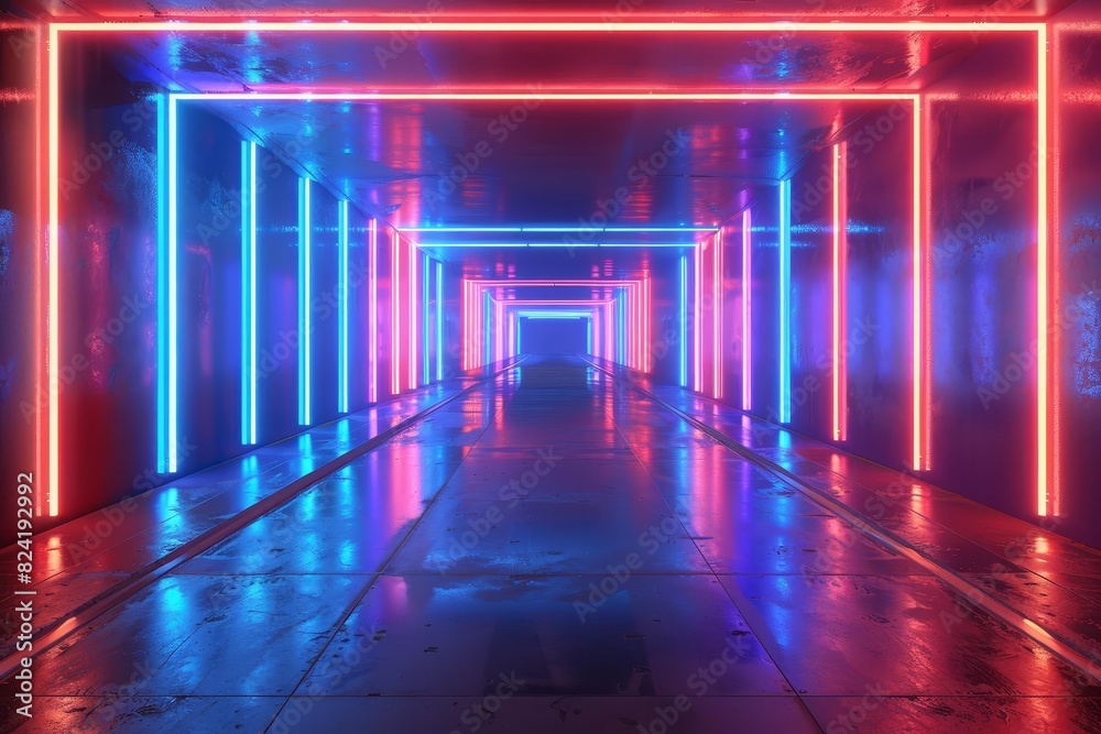 illuminated red and blue neon corridor tunnel abstract 80s retro style 3d rendering