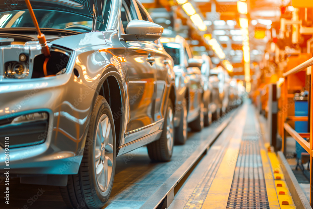 View of cars on production line in factory View of cars on production line in factory