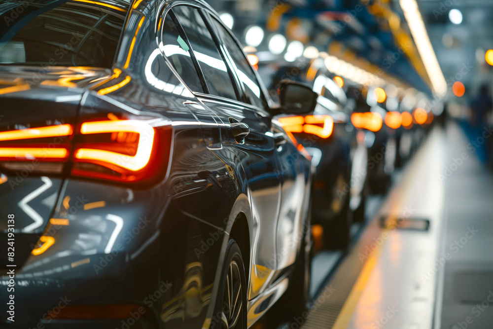 View of cars on production line in factory View of cars on production line in factory