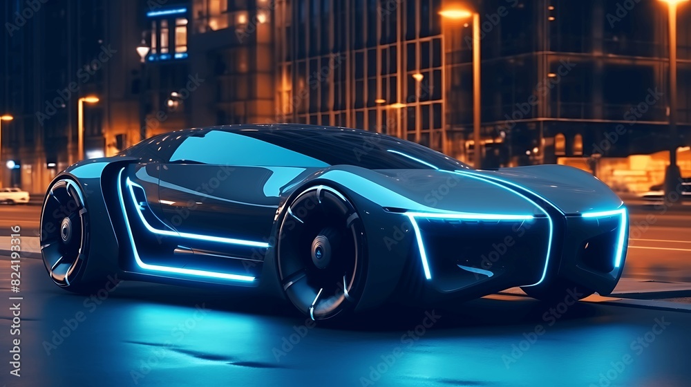 Electric powered car drives on city highway while night. Generative AI Electric powered car drives on city highway while night. Generative AI