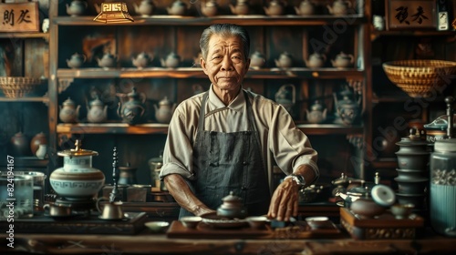 The picture of the tea master or tea brewer that working inside the workshop, the tea master skill that require is tea knowledge, brewing techniques and attention to the detail of the tea leaf. AIG43.
