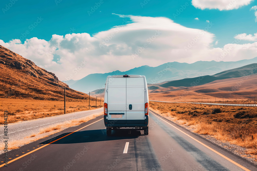 white van on rural highway, with scenic landscape in background