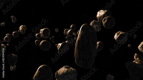 a collection of asteroids floating in space with a yellow light color