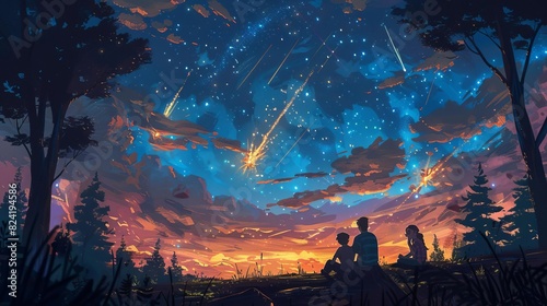 Illustrate a family camping trip, with children marveling at the shooting stars and learning about the night sky from their parents, Close up
