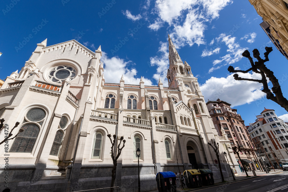 Panoramic side view of the Church of San José de la Montana, neo Gothic style Catholic temple located in the city of Bilbao, Spain