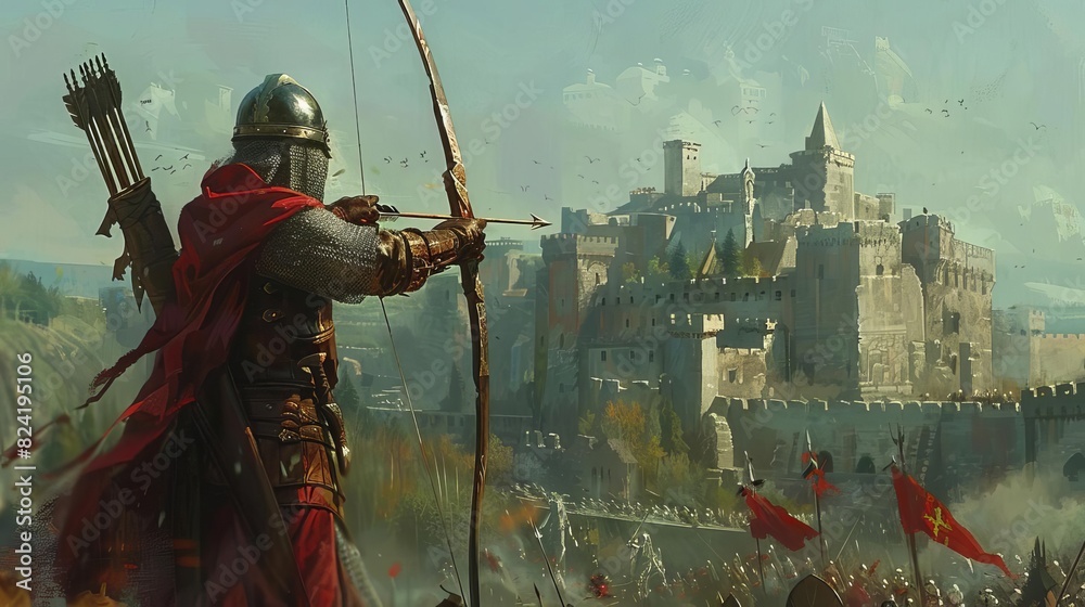 Naklejka premium Illustrate a medieval warrior preparing to release an arrow, with a castle siege in the background, Close up