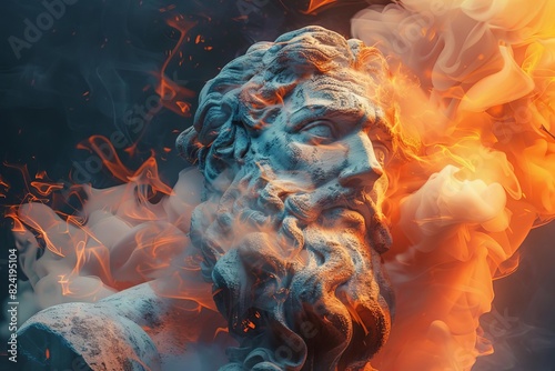 inspirational stoic sculpture representing resilience amidst fiery environment aigenerated illustration photo