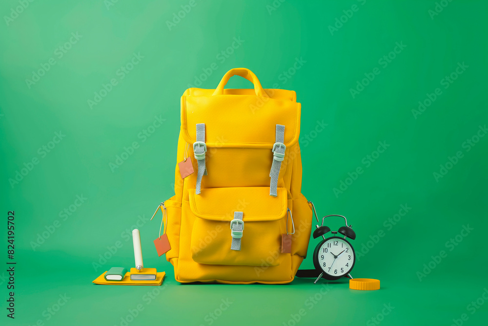 Yellow backpack with alarm clock and school equipment. Back to school concept on green background Yellow backpack with alarm clock and school equipment. Back to school concept on green background