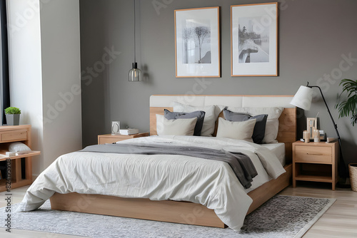 Interior of modern bedroom with comfortable bed © Nyetock