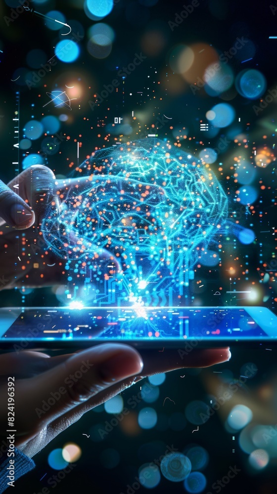 AI, data science, digital technology concept. Computer programmer using digital tablet with AI machine learning, data management system, cloud computing technology, software development AI, data science, digital technology concept. Computer programmer using digital tablet with AI machine learning, data management system, cloud computing technology, software development