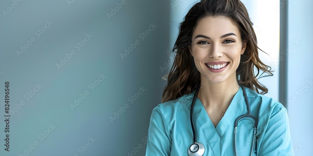 Isolated image of a cheerful nurse in scrubs with stethoscope. Concept Nurse, Cheerful, Scrubs, Stethoscope, Isolated Image Isolated image of a cheerful nurse in scrubs with stethoscope. Concept Nurse, Cheerful, Scrubs, Stethoscope, Isolated Image