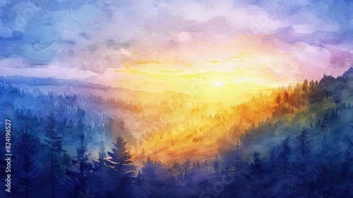 A luminous watercolor sunset painting with warm golden yellows and soft pinks blending into twilight blues and indigos over a forested valley.