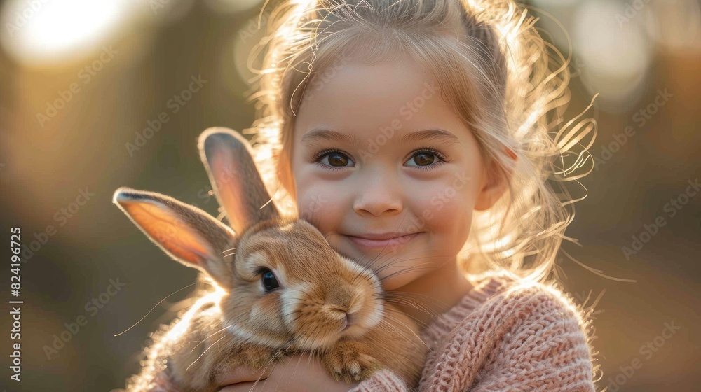 Beautiful little girl is hugging a cute rabbit Beautiful little girl is hugging a cute rabbit