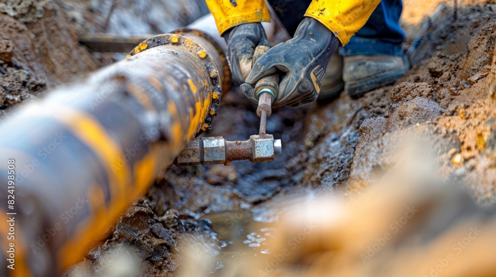 Closeup of a worker using a specialized tool to thread a pipe into an existing gas line. Closeup of a worker using a specialized tool to thread a pipe into an existing gas line.