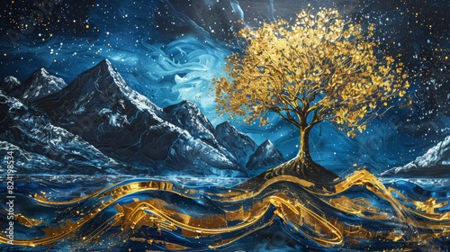 3D modern art mural  blue night landscape  dark mountains in the background  giant golden tree in the center  flowing gold waves around