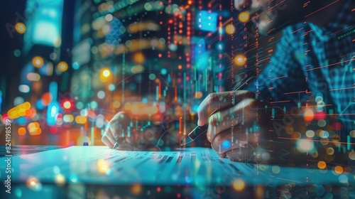 Businessman writing on document with pen over double exposure of stock market graph and cityscape at night, bokeh effect