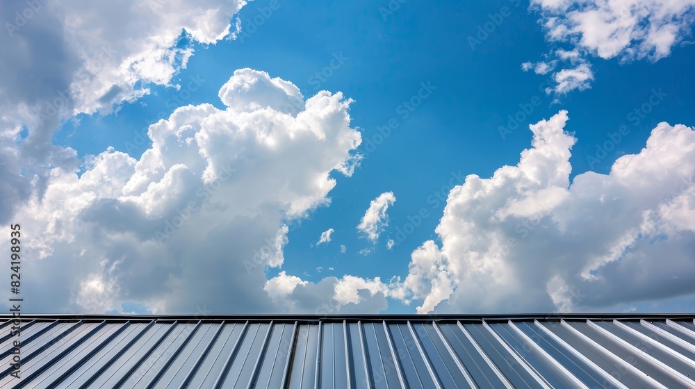 A seamless metal roof with the sky in the background, featuring large white clouds, symbolizing harmony and modern design