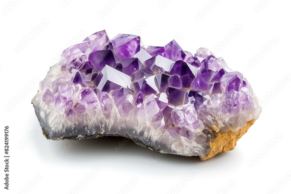 Amethyst quartz geode close up. Stone crystals isolated on white background