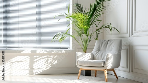 Soft armchair and houseplant near large window with blinds in spacious room. Generative Ai © Kharismafajar