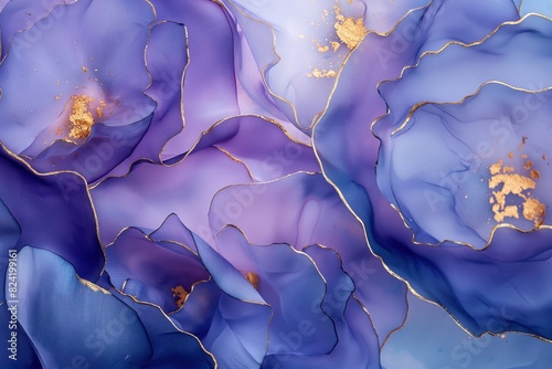 Alcohol ink abstract background. Blue, gold, purple liquid texture photo