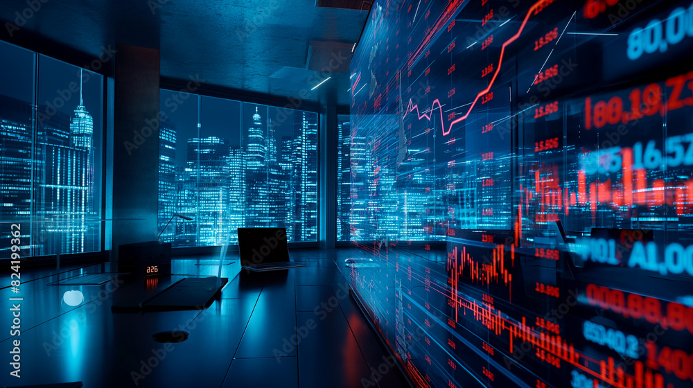 Fototapeta premium stock market performance data display on virtual screens, business or economy growth data statistics