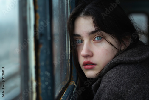 Young woman looking out of the train window