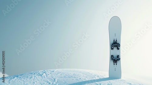 A snowboard stands upright in the snow against a bright background. The snowboard is white with black bindings. photo
