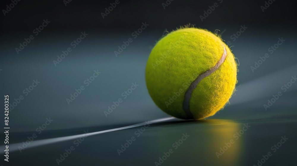 A close-up of a used tennis ball on a hard court. The ball is in focus and the court is out of focus.