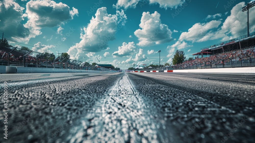 Asphalt raceway's finish grid, focused close-up, puffy clouds in the sky, excited audience in the stands