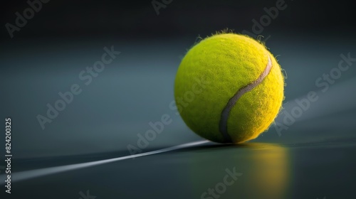 A close-up of a used tennis ball on a hard court. The ball is in focus and the court is out of focus. © Galib