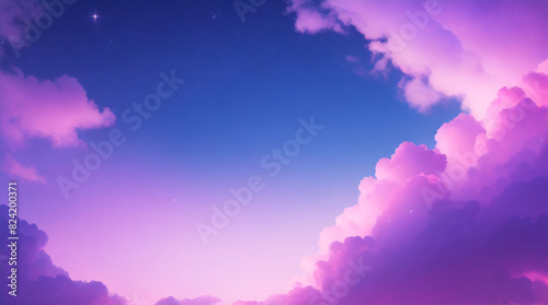 Bokeh sky background. Light pink pastel galaxy abstract wallpaper with glitter stars. Fantasy space with sparkles. Holographic fantasy rainbow unicorn background with clouds and stars