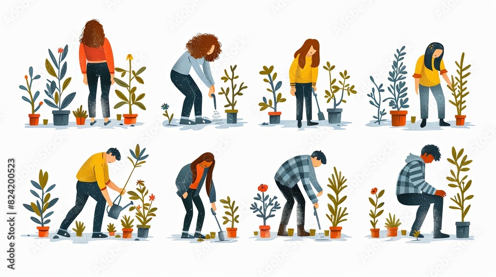 Naklejka premium Save planet people poster. Men and women watering plants and picking up trash. Activists and volunteers care about narure and ecology, environment. Cartoon flat vector illustration