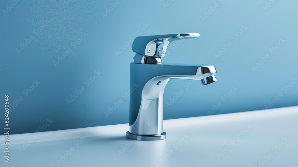 Chrome water faucet, minimalist design, close-up view, blue background, focus on water conservation, modern eco-friendly living Chrome water faucet, minimalist design, close-up view, blue background, focus on water conservation, modern eco-friendly living