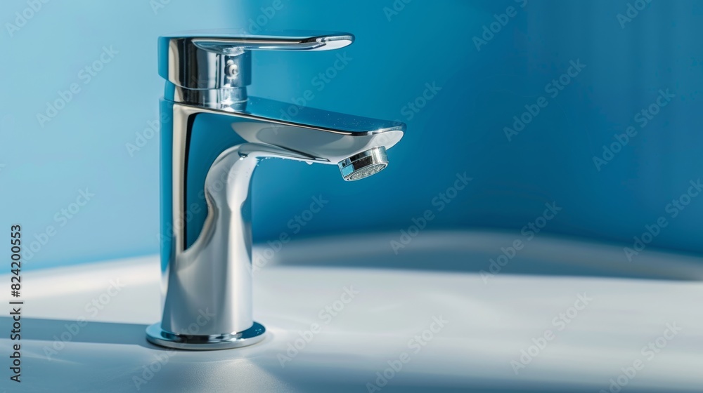 Chrome water faucet, minimalist design, close-up view, blue background, focus on water conservation, modern eco-friendly living Chrome water faucet, minimalist design, close-up view, blue background, focus on water conservation, modern eco-friendly living