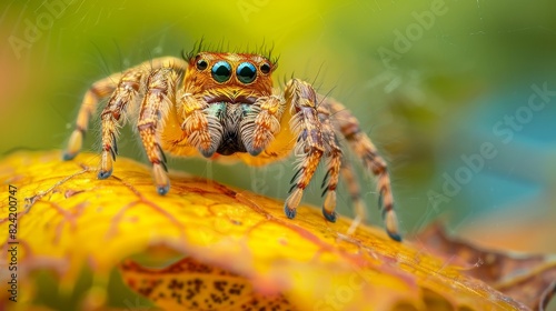 Close-up of a jumping spider on a vibrant yellow leaf, showcasing detailed textures and eye reflections, blurred greenery background