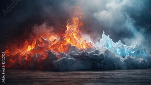 A picture of a lava flow, lava flowing into the ocean with a volcano in the fire background for banner. photo