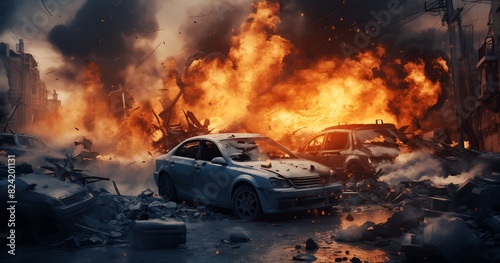 A luxury sports car is on fire on a city street  surrounded by intense flames and smoke.