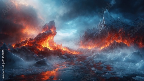 A picture of a lava flow  lava flowing into the ocean with a volcano in the fire background for banner.