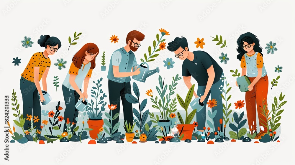 Fototapeta premium Save planet people poster. Men and women watering plants and picking up trash. Activists and volunteers care about narure and ecology, environment. Cartoon flat vector illustration