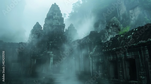 Ancient temple ruins shrouded in a thick fog, creating an atmosphere of mystery and intrigue photo