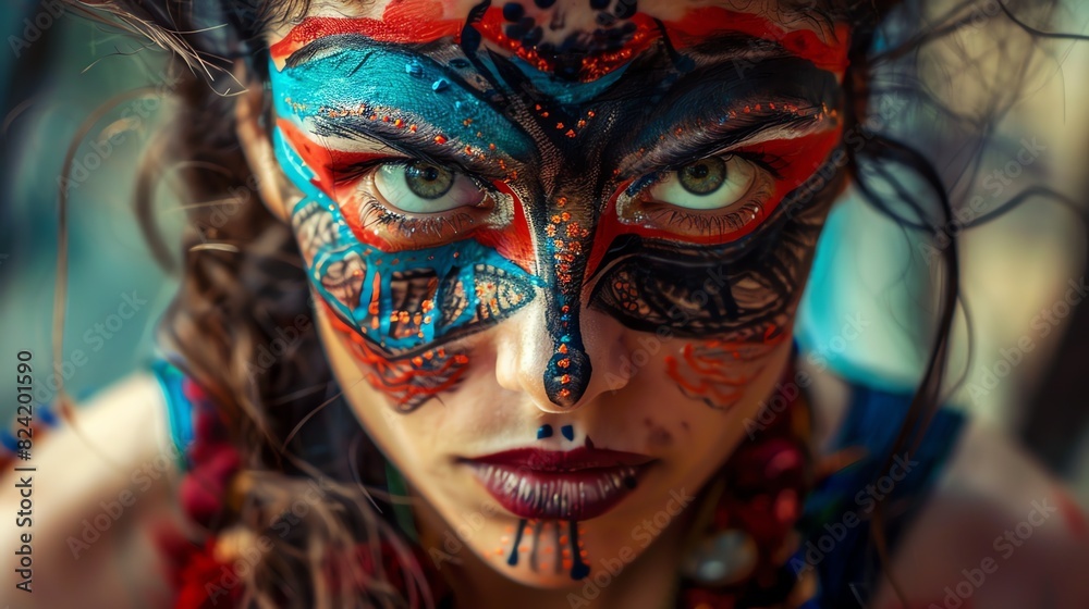 A beautiful young woman with vibrant face painting looks at the camera with an intense expression.