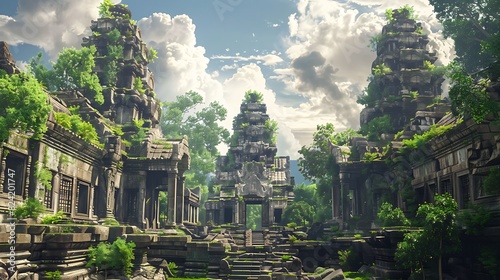 An ancient temple complex reclaimed by nature  with trees sprouting from its rooftops and reaching towards the sky
