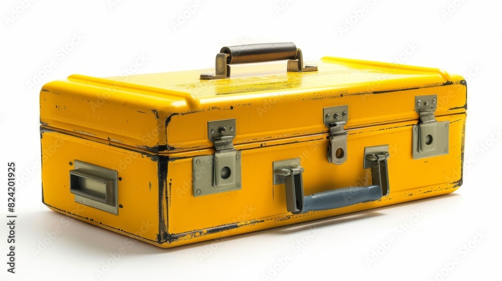 Detailed image of a rugged toolbox, bright yellow features, ideal for all repair tasks, isolated white background, studio lights, durable build Detailed image of a rugged toolbox, bright yellow features, ideal for all repair tasks, isolated white background, studio lights, durable build