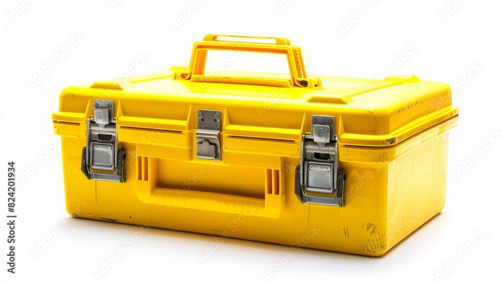 Detailed image of a rugged toolbox, bright yellow features, ideal for all repair tasks, isolated white background, studio lights, durable build Detailed image of a rugged toolbox, bright yellow features, ideal for all repair tasks, isolated white background, studio lights, durable build